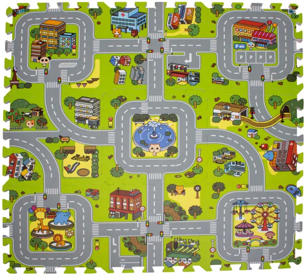 Legegulv med vej og by skum. 9 felter